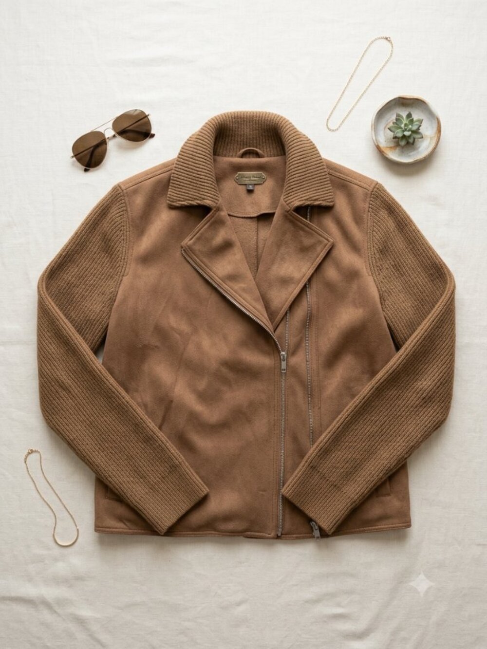 Ann Taylor Camel Suede Moto Jacket with Knit Sleeves | Size Large